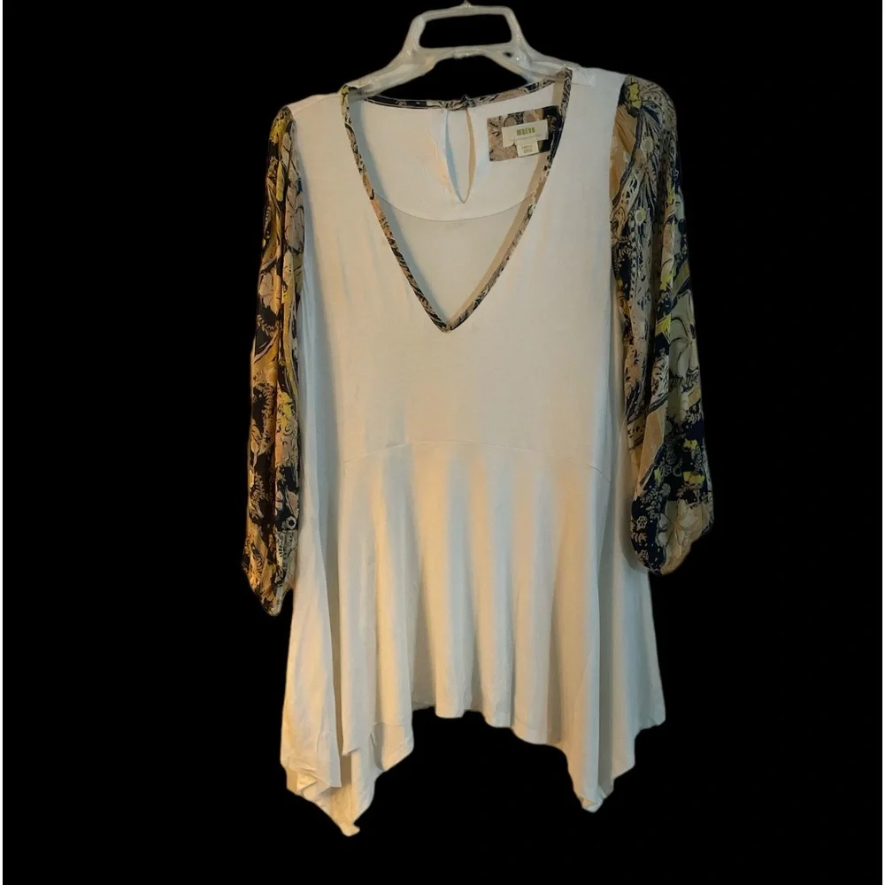 Anthropologie Maeve flowing ivory scarf print puff balloon sleeve tunic top S